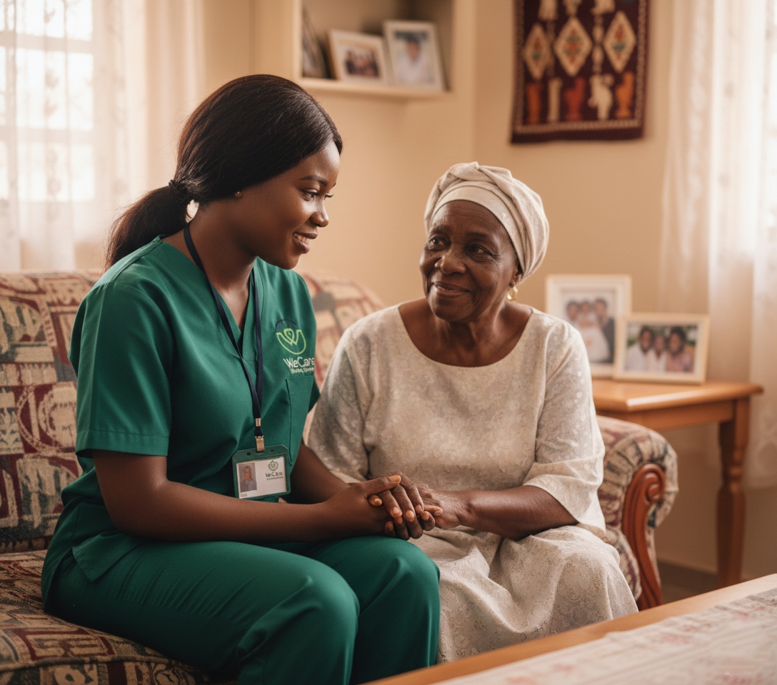 Live-in caregiver supporting an elderly client at home